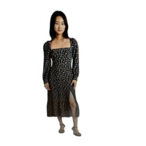 Paige Women's Black Floral Smocked Square Neck Bacari Dress Size L Side Slit